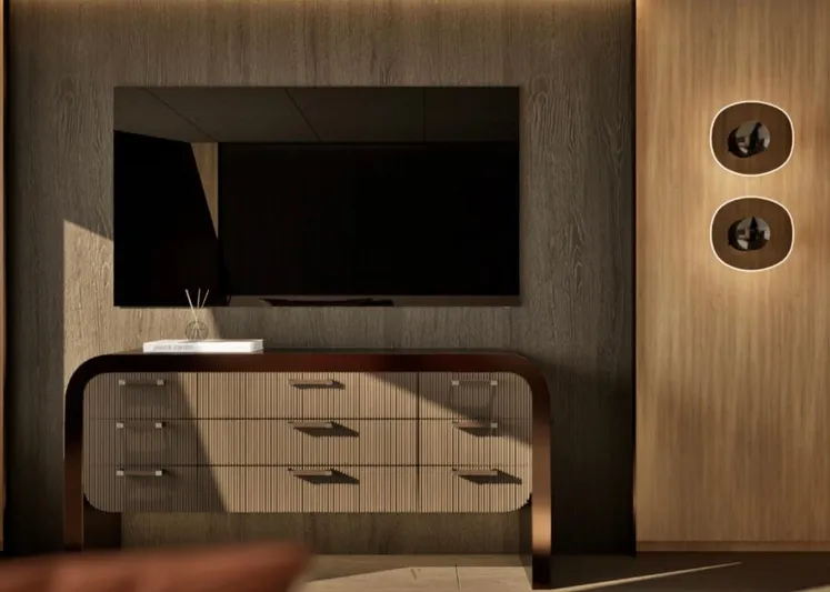 Project Ice Yacht Photos Pics Luxurious motor yacht interior with modern TV, elegant dresser, and ambient lighting, 2026 design.