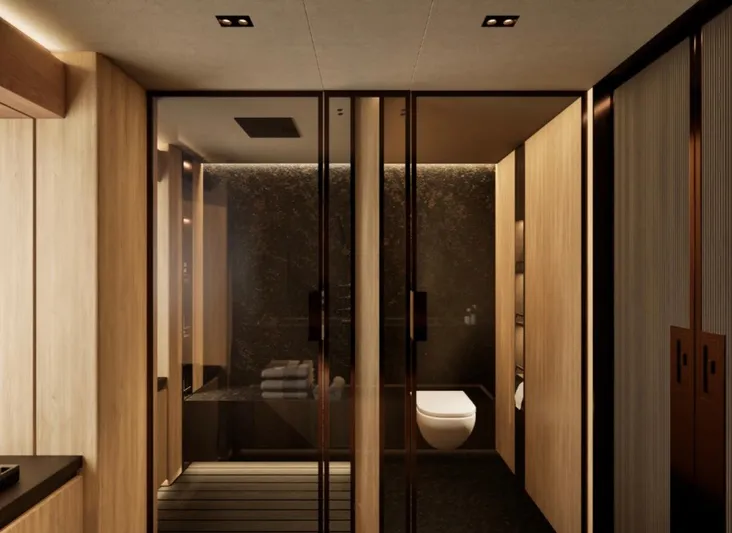 Project Ice Yacht Photos Pics Luxurious 2026 custom motor yacht bathroom with modern design and elegant wood finishes.