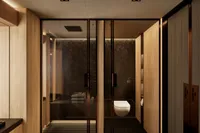 Luxurious 2026 custom motor yacht bathroom with modern design and elegant wood finishes.