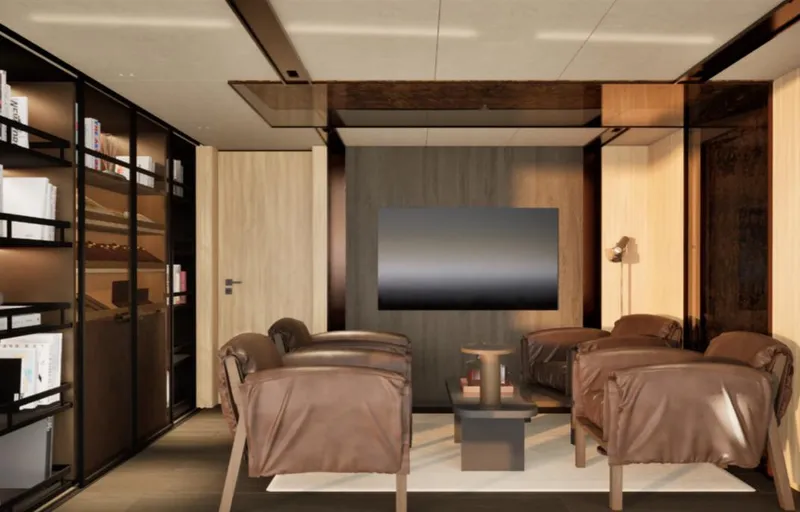 Project Ice Yacht Photos Pics Luxurious motor yacht interior with leather seating, modern decor, and a large TV, 2026 model.