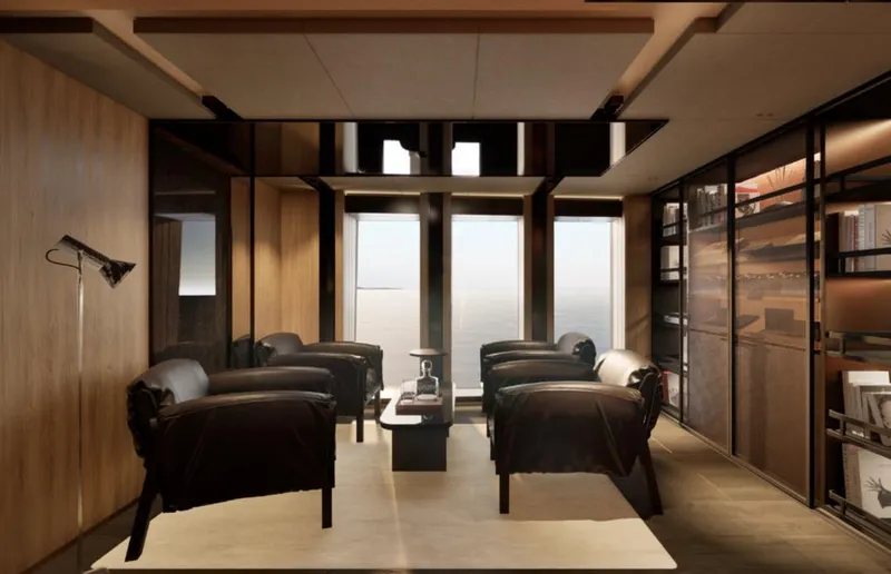 Project Ice Yacht Photos Pics Luxurious 2026 custom motor yacht interior with modern seating and panoramic windows.