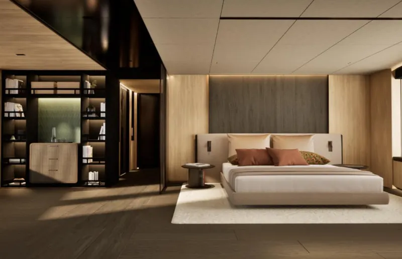 Project Ice Yacht Photos Pics Luxurious bedroom interior on a 2026 custom motor yacht, featuring modern design and elegant furnishings.