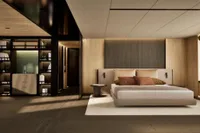Luxurious bedroom interior on a 2026 custom motor yacht, featuring modern design and elegant furnishings.