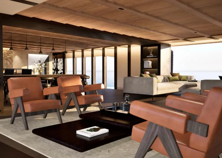 Project Ice Yacht Photos Pics Luxurious interior of 2026 custom motor yacht with modern seating and elegant decor.