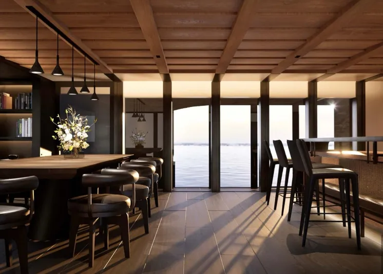 Project Ice Yacht Photos Pics Luxurious interior of 2026 custom motor yacht with elegant seating and ocean view.