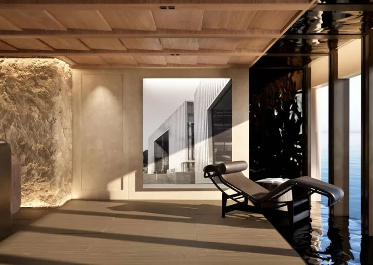 Project Ice Yacht Photos Pics Luxurious 2026 custom motor yacht interior with modern lounge chair and elegant design elements.