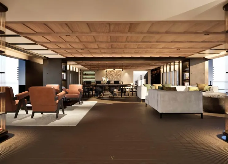 Project Ice Yacht Photos Pics Luxurious interior of 2026 custom motor yacht with elegant seating and modern design.