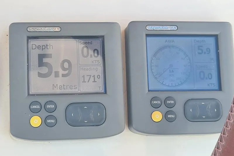  Yacht Photos Pics Raymarine ST70 displays on Jeanneau Sun Odyssey 50 DS, showing depth and speed readings.