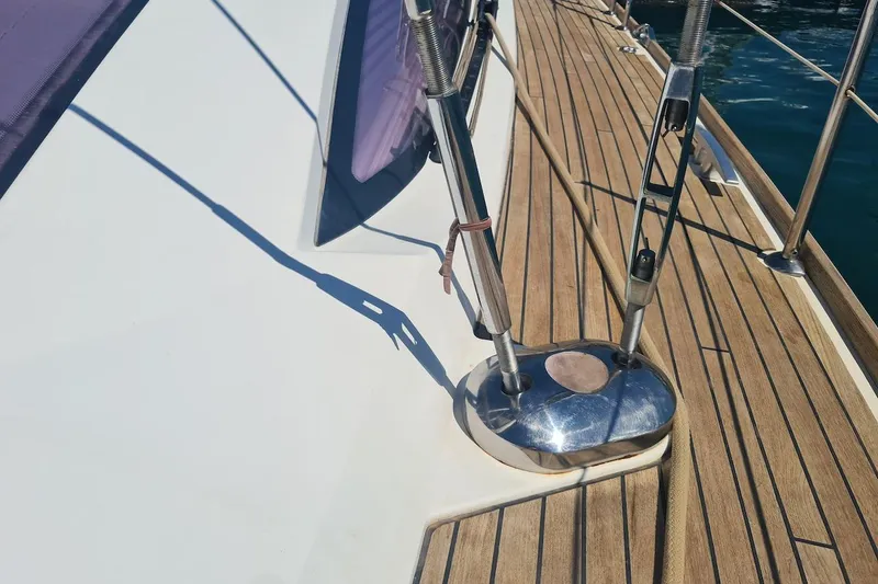  Yacht Photos Pics Deck of 2009 Jeanneau Sun Odyssey 50 DS sailboat with wooden finish and rigging.