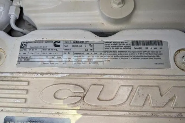 Nautalia Yacht Photos Pics Engine label on a 2013 Sea Ray 470 Sundancer, featuring Cummins specifications.