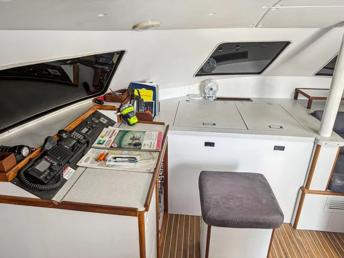 Kisa Yacht Photos Pics Navigation station inside 2000 Manta 42 yacht with equipment and seating.