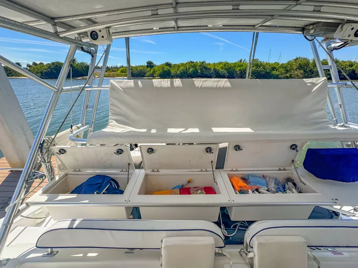 Kisa Yacht Photos Pics Manta 42 sailboat deck with open storage compartments, docked by a scenic waterway.