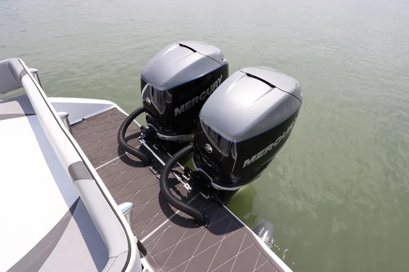  Yacht Photos Pics Twin Mercury outboard engines on a 2019 Statement 350 Open boat.