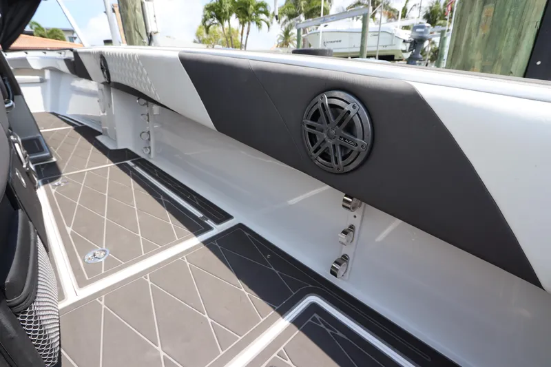  Yacht Photos Pics 2019 Statement 350 Open boat interior with stylish flooring and speaker system.