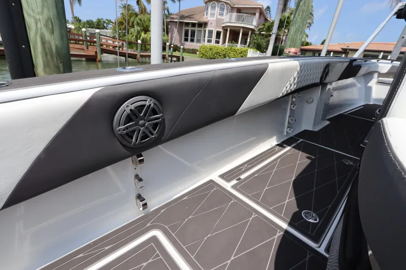  Yacht Photos Pics Interior view of 2019 Statement 350 Open boat with stylish seating and speaker.