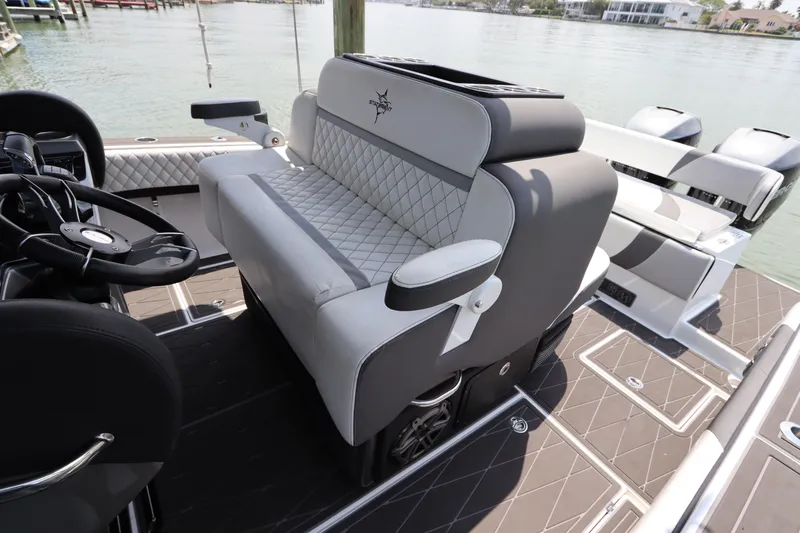  Yacht Photos Pics 2019 Statement 350 Open boat interior with luxurious seating and steering wheel.