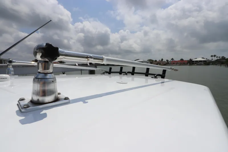  Yacht Photos Pics Close-up of the deck of a 2019 Statement 350 Open boat under a cloudy sky.