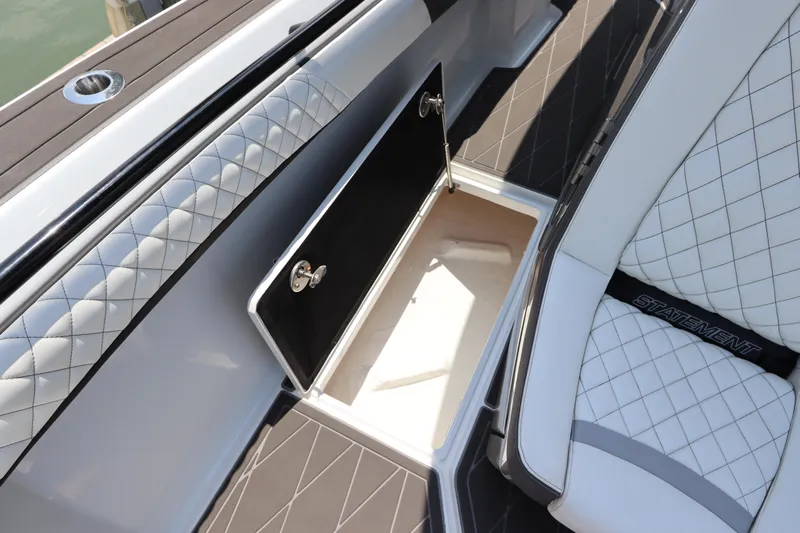  Yacht Photos Pics Open storage compartment on a 2019 Statement 350 Open boat.