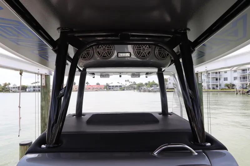  Yacht Photos Pics View from the 2019 Statement 350 Open boat, showcasing the rear deck and waterfront.