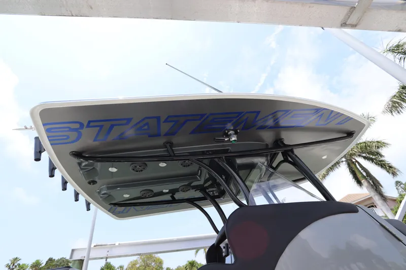  Yacht Photos Pics 2019 Statement 350 Open boat with overhead view of the T-top.