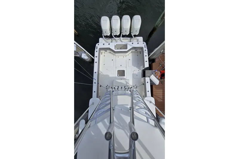 Hat Trick Yacht Photos Pics Overhead view of 2020 SeaVee 390Z boat with four outboard engines.