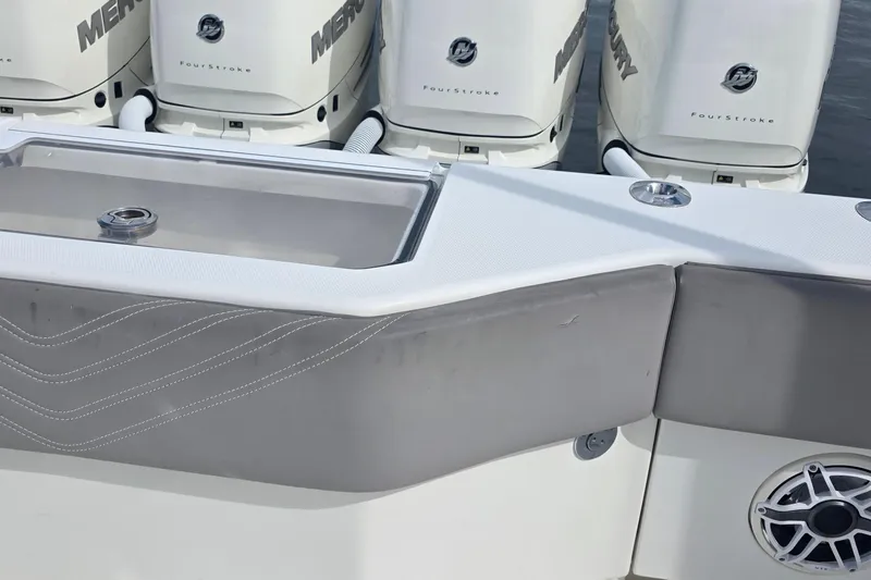 Hat Trick Yacht Photos Pics 2020 SeaVee 390Z boat with Mercury FourStroke engines and cushioned seating.