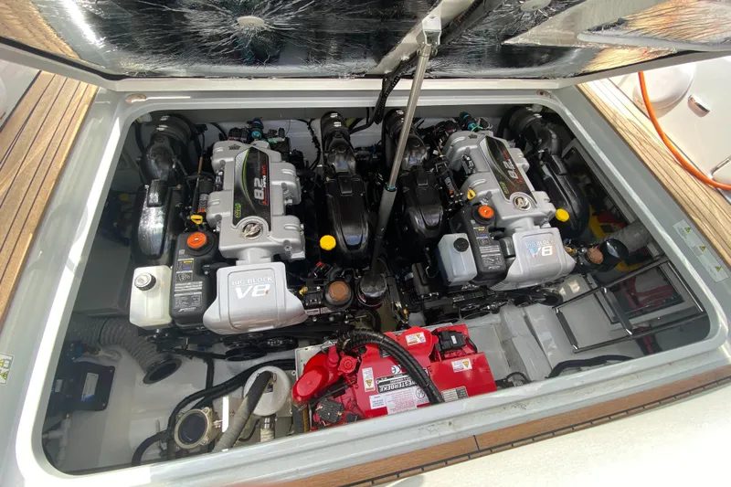 Just Us Yacht Photos Pics Engine compartment of 2022 Fairline F//Line 33 with twin V8 engines.