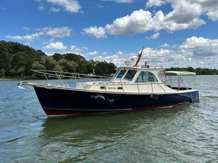  Yacht Photos Pics 2001 Mast & Mallet 38 Picnic Boat cruising on a scenic lake under a partly cloudy sky.
