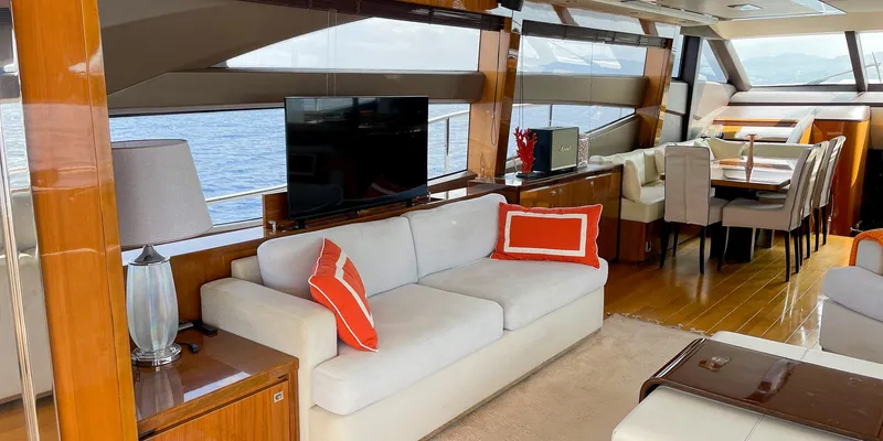  Yacht Photos Pics Luxurious interior of 2012 Princess 72 yacht with elegant seating and dining area.