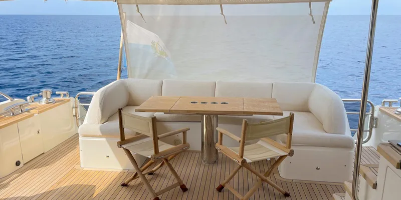  Yacht Photos Pics Luxury yacht deck with seating, table, and ocean view; Princess 72, 2012 model.