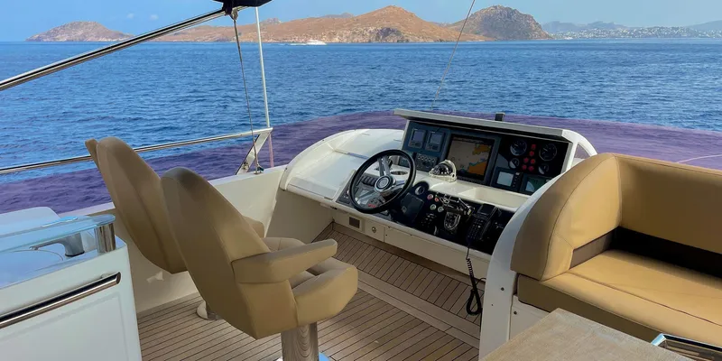  Yacht Photos Pics Luxurious 2012 Princess 72 yacht helm with scenic ocean view and comfortable seating.