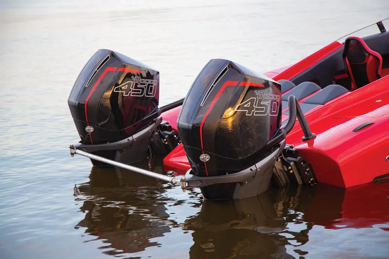  Yacht Photos Pics 2025 Fountain 34 Thundercat with twin Mercury 450R engines on water.