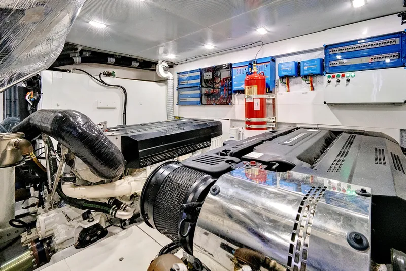  Yacht Photos Pics Engine room of 2025 Galeon 640 Fly yacht, featuring advanced machinery and control systems.
