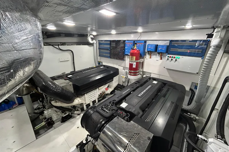  Yacht Photos Pics Engine room of 2025 Galeon 640 Fly yacht with Volvo Penta engines and control panels.