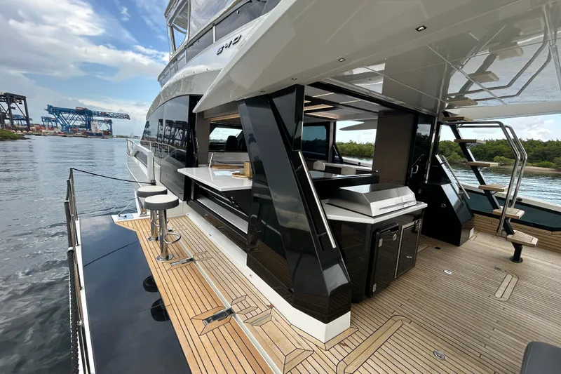  Yacht Photos Pics 2025 Galeon 640 Fly yacht with modern deck and outdoor kitchen.