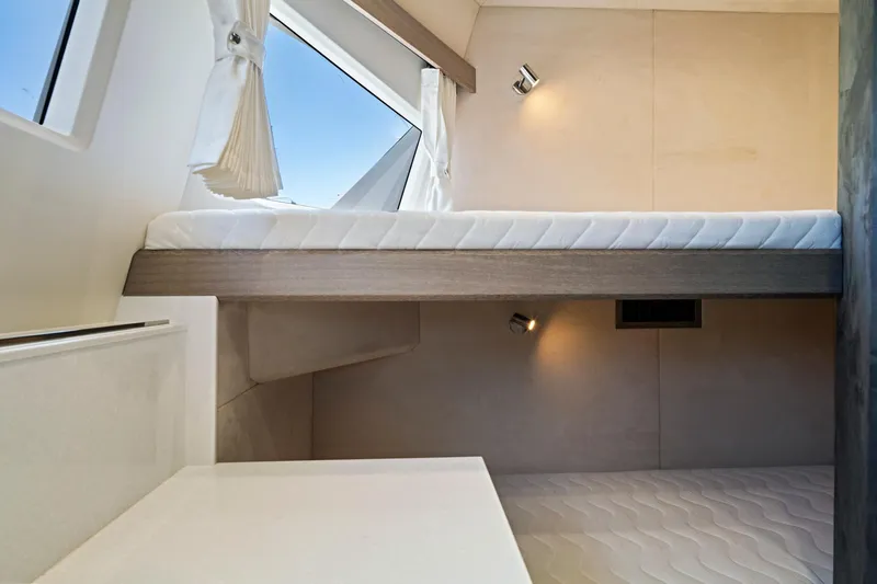  Yacht Photos Pics 2025 Galeon 640 Fly yacht interior with modern bunk bed and sleek design.