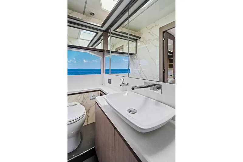 Yacht Photos Pics Luxurious bathroom interior on 2025 Galeon 640 Fly yacht with ocean view.