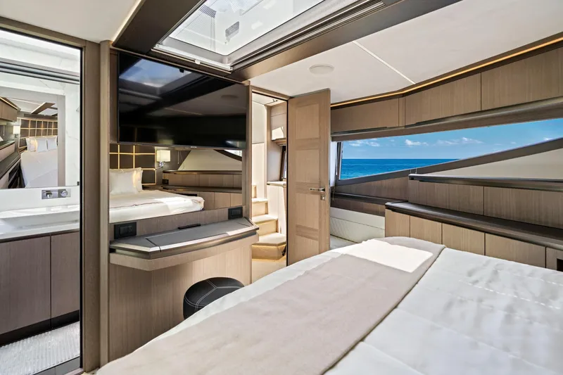  Yacht Photos Pics Luxurious interior of 2025 Galeon 640 Fly yacht with ocean view.
