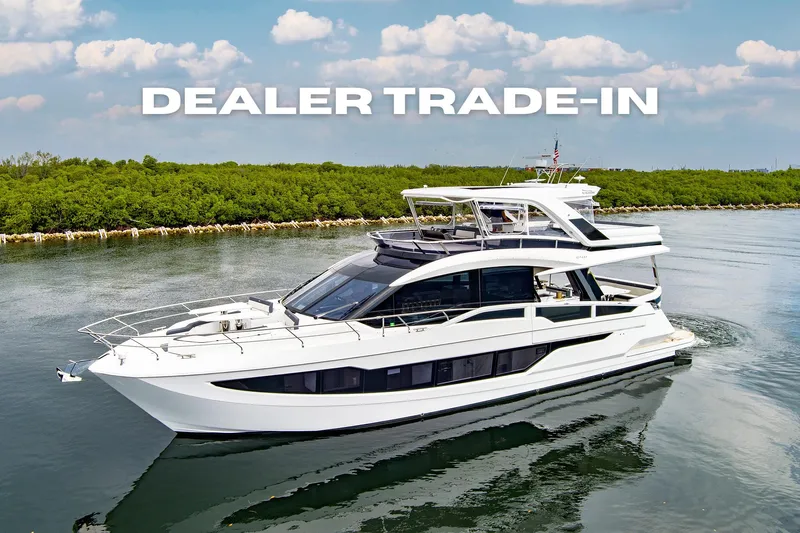  Yacht Photos Pics 2025 Galeon 640 Fly yacht on water, labeled "Dealer Trade-In."