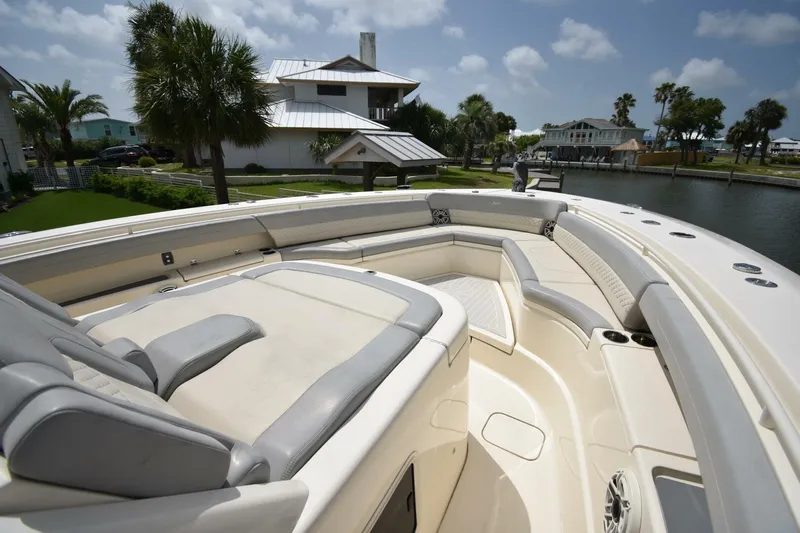  Yacht Photos Pics Luxurious 2022 Scout 425 LXF boat interior with spacious seating and elegant design.