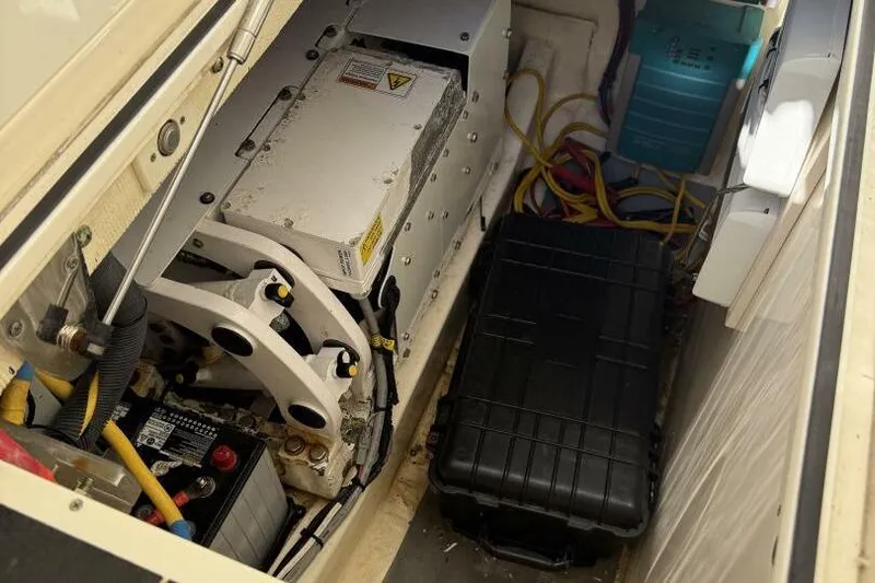  Yacht Photos Pics Engine compartment of 2022 Scout 425 LXF boat with visible wiring and components.