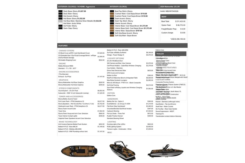  Yacht Photos Pics 2026 Malibu Wakesetter 25 LSV specifications and features sheet with color options and pricing.