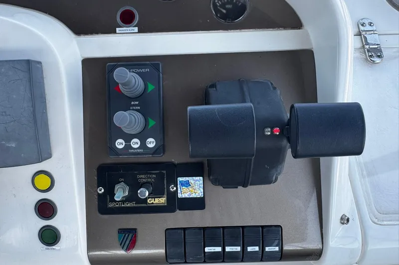 My Way Yacht Photos Pics Control panel of a 2001 Fairline 55 yacht with thruster and spotlight controls.
