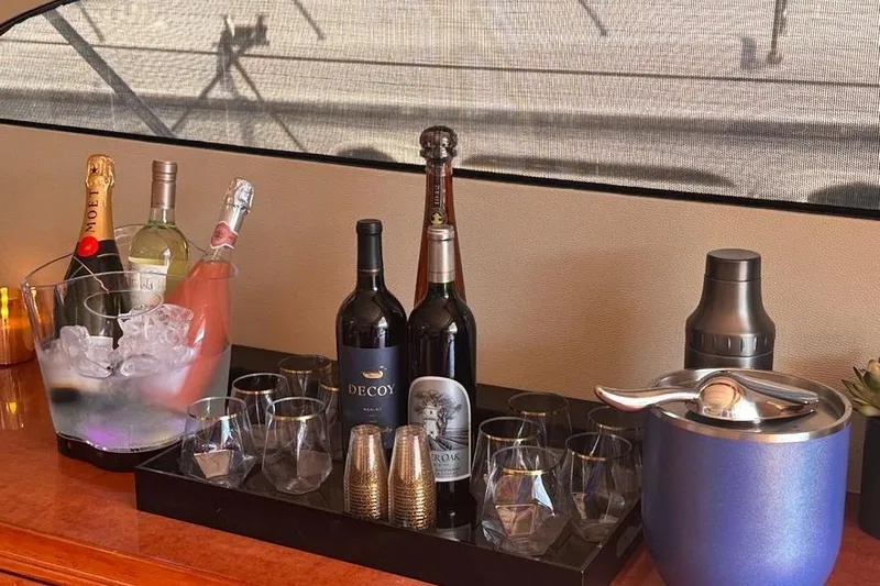 My Way Yacht Photos Pics Luxury yacht bar setup with wine, champagne, and glasses on a Fairline 55, 2001 model.