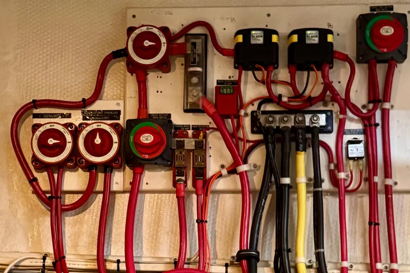 Rosie Mclane Yacht Photos Pics Electrical panel with red and black wires, switches, and connectors.