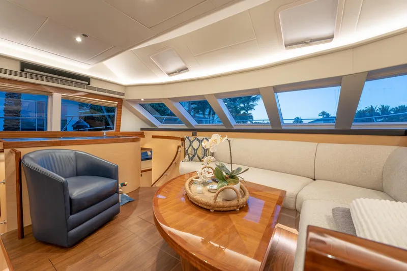 Passion Yacht Photos Pics Luxurious interior of 2019 Horizon PC52 yacht with elegant seating and panoramic windows.