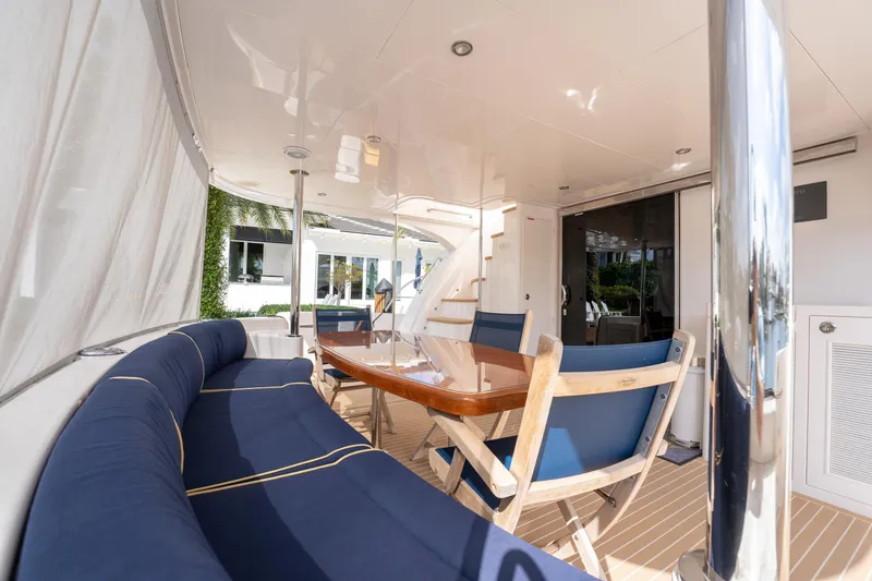 Passion Yacht Photos Pics Luxurious 2019 Horizon PC52 yacht deck with elegant seating and dining area.