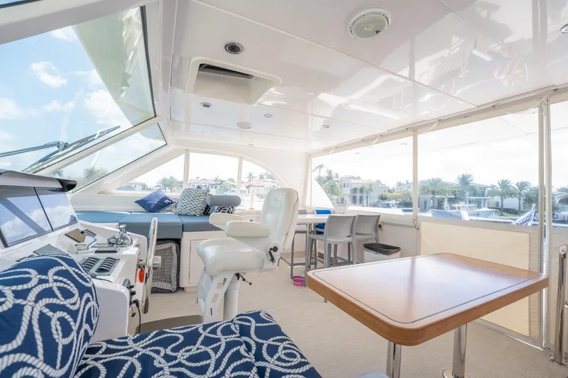 Passion Yacht Photos Pics Luxurious interior of 2019 Horizon PC52 yacht with seating and panoramic windows.