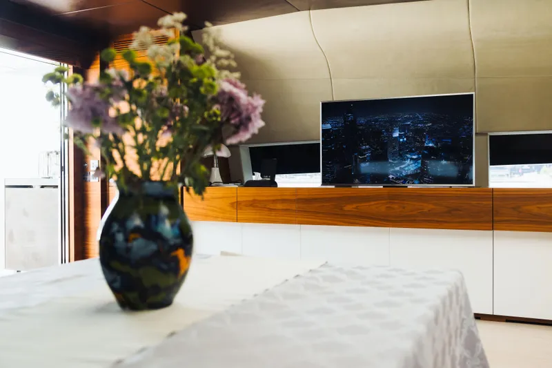  Yacht Photos Pics Luxurious interior of 2018 Sanlorenzo 40Alloy yacht with elegant decor and modern TV.