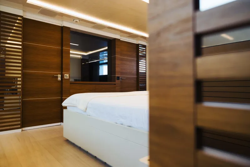  Yacht Photos Pics Luxurious bedroom interior on 2018 Sanlorenzo 40Alloy yacht with modern wood paneling.